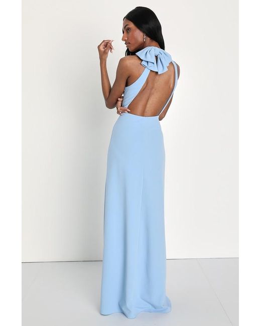 Lulus Blue Striking Elegance Bow Backless Halter Maxi Dress