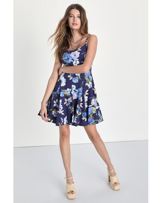 Lulus Blue Adorable Sweetness Floral Print Linen Mini Dress