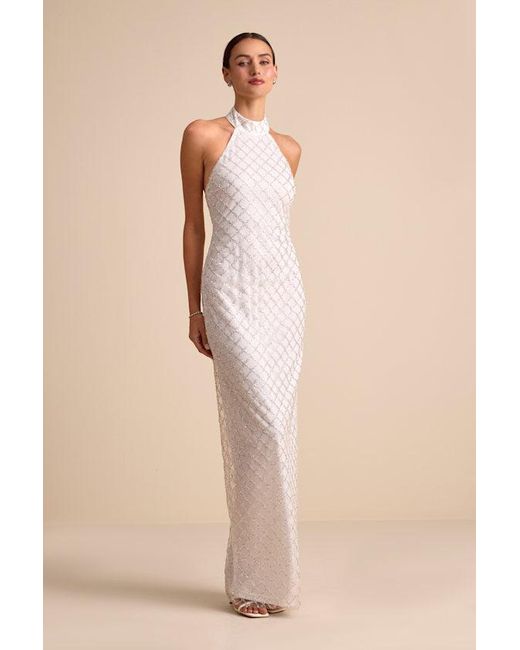 Lulus Novalea Sequin Halter Maxi Dress in Natural | Lyst
