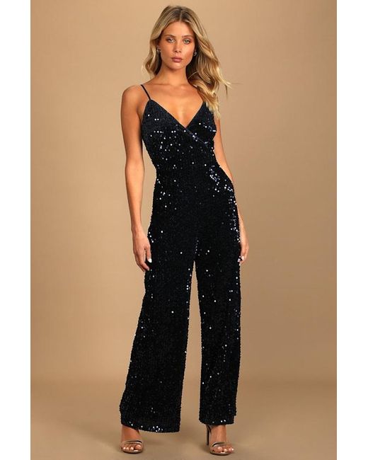 Lulus Blue Dazzling Demeanor Velvet Sequin Straight Leg Jumpsuit