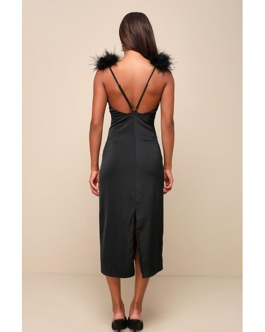 Lulus Natural Exquisite Invite Satin Feather Backless Midi Dress