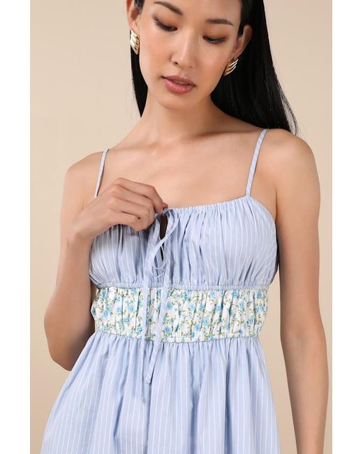 Lulus Blue Shereen Striped And Floral Sleeveless Poplin Midi Dress