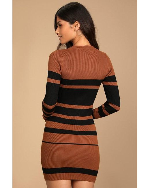 Lulus Brown Thankful For You And Striped Sweater Dress