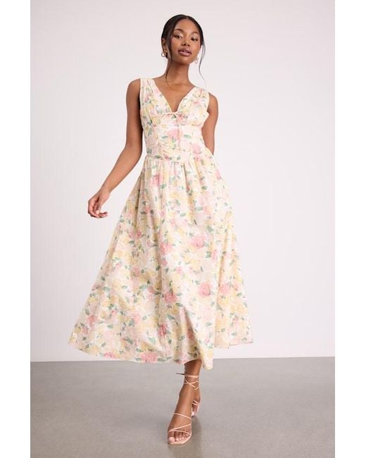 Lulus Natural Lettie Multi Floral Poplin Plunge Neck Midi Dress