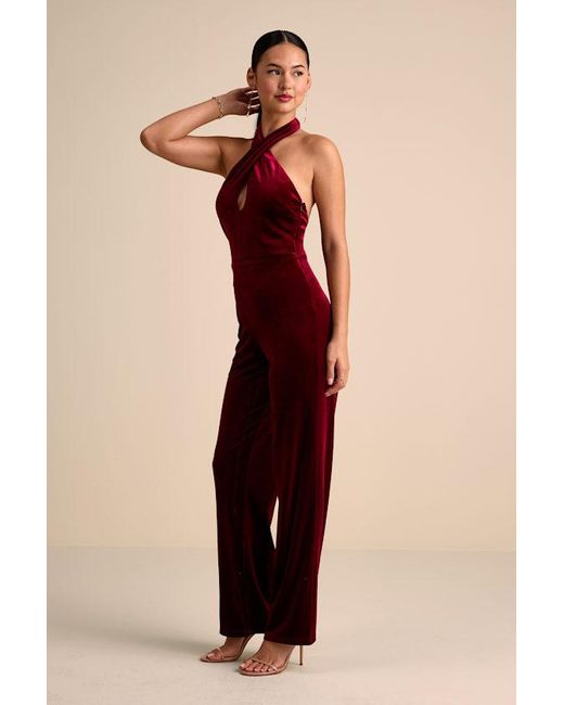 Lulus Red Yvania Velvet Cross-Front Halter Jumpsuit
