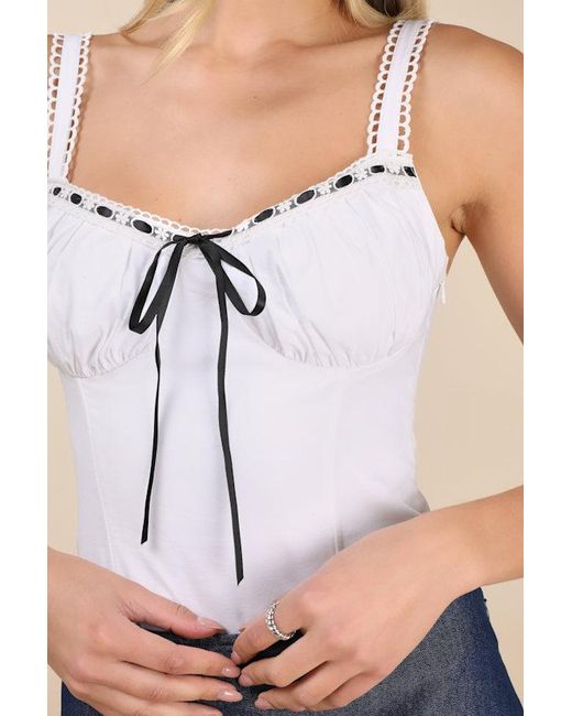 Lulus Blue Tonina Scalloped Bow Sleeveless Bodysuit