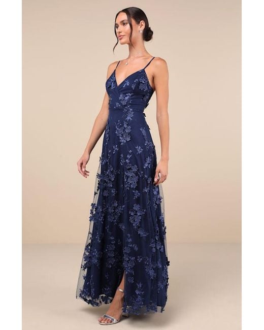 Lulus Blue Rare Presence 3D Floral Surplice Maxi Dress