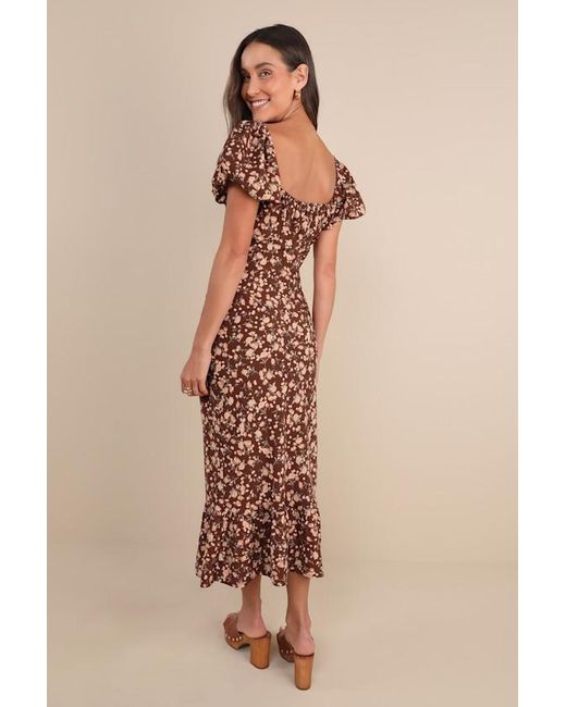 Lulus Natural Remarkably Flourishing Floral Puff Sleeve Midi Dress