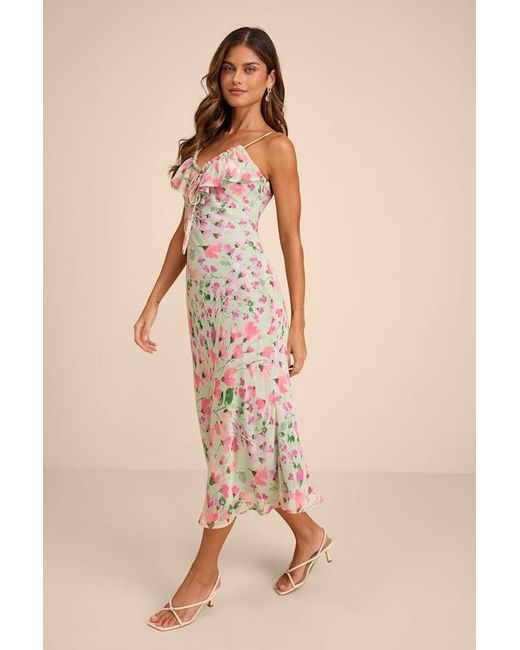 Lulus Natural Oshia Sage Multi Floral Ruffled Midi Dress
