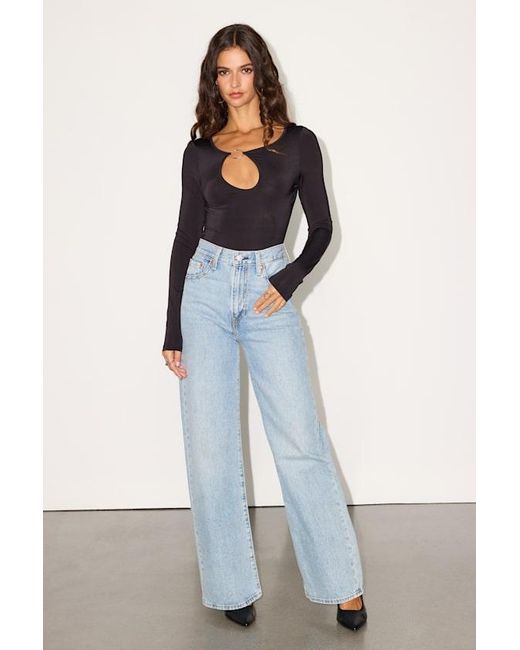 Lulus Blue Ramia Slinky Knit Cutout Long Sleeve Bodysuit