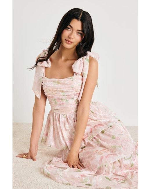 Lulus Pink Baina Blush Floral Jacquard Tiered Midi Dress