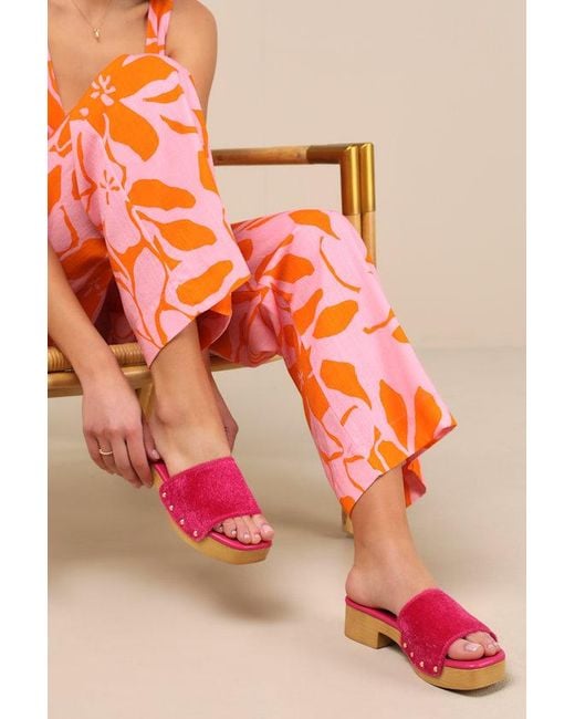 Lulus Pink Paley Faux Fur Platform Slide Sandals
