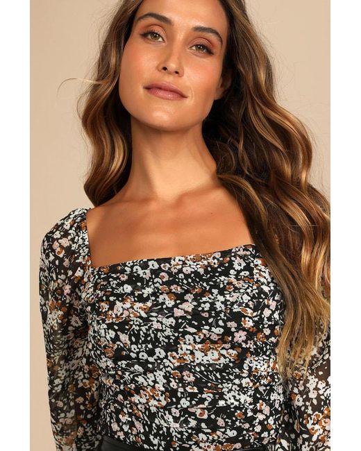 Lulus Black Mood Setter Floral Print Ruched Long Sleeve Top