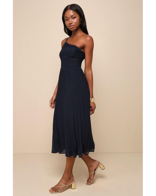 Lulus Blue Wondrous Muse Pleated One-Shoulder Midi Dress