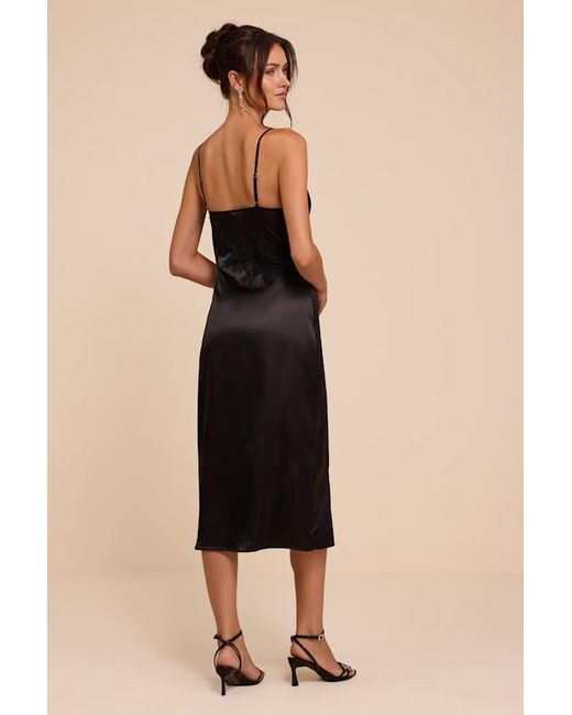 Lulus Black Kimberly Satin Crochet Lace Slip Midi Dress