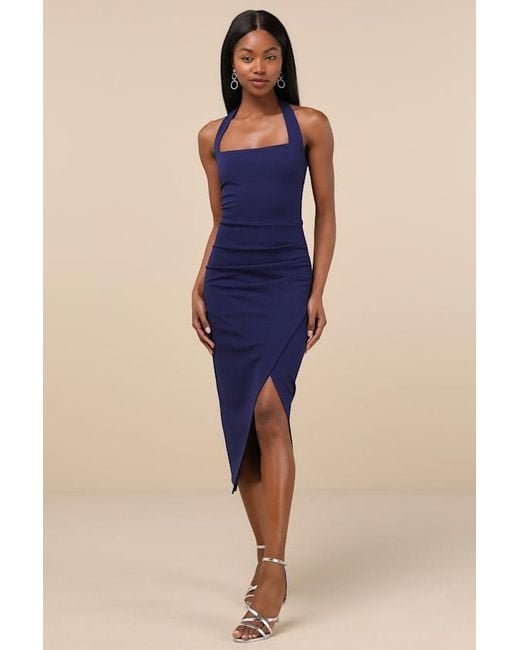 Lulus Blue Prominent Charm Halter Bodycon Tulip Midi Dress
