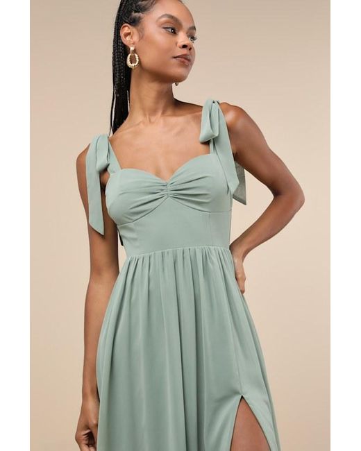 Lulus Radiant Charisma Sage Brush Chiffon Ruched Tie-Strap Maxi Dress in  Green | Lyst