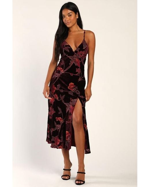 Lulus Brown Divine Allure Floral Burnout Velvet Midi Dress