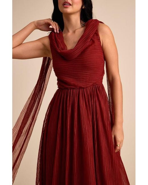 Lulus Red Katreea Pleated Cowl Neck Sash Midi Dress