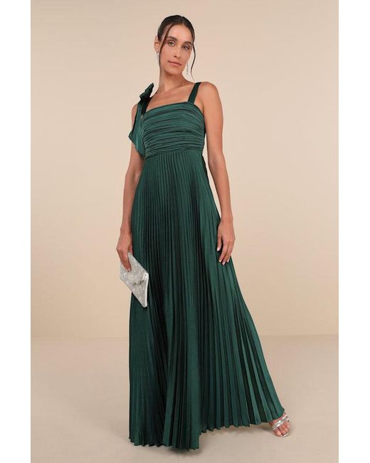 Lulus Green Gorgeous Purpose Emerald Satin Pleated Sleeveless Bow Maxi Dress