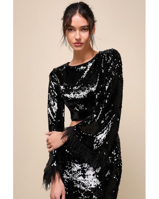 Lulus Natural Glowing Icon Sequin Feather Two-Piece Maxi Dress