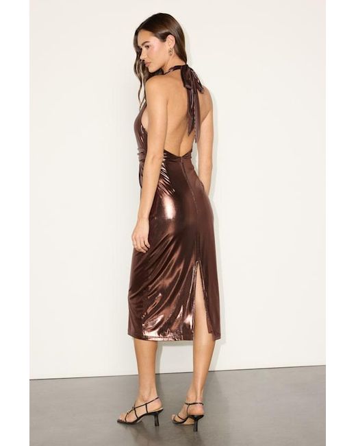 Lulus Brown Lionette Dark Bronze Metallic Twist-Front Midi Dress