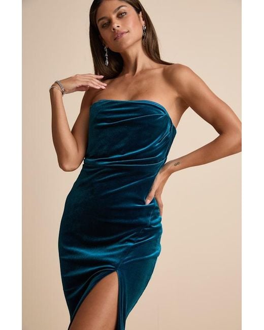 Lulus Blue Perfectly Captivating Dark Velvet Strapless Maxi Dress