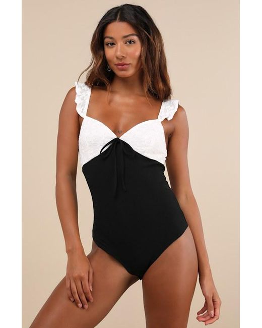 Lulus Black Marvelous Sweetie Ivory And Lace Ruffled Bow Bodysuit