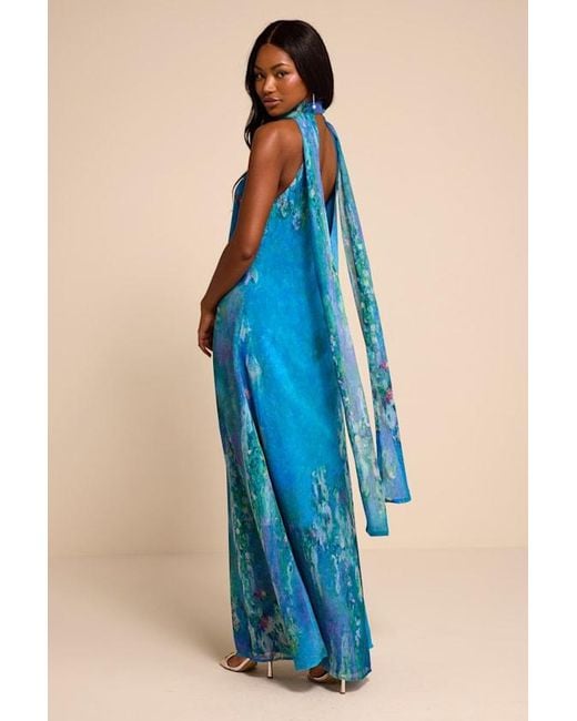 Lulus Blue Calixta Abstract Chiffon Sash Shift Maxi Dress