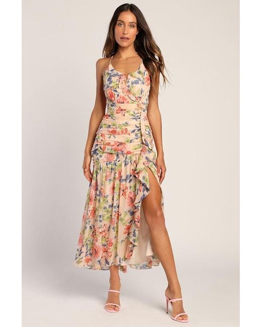 Lulus Natural Stunning Soiree Floral Print Ruched Midi Dress