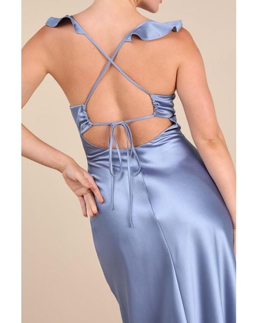 Lulus Blue Exuberant Luxury Periwinkle Satin Ruffled Lace-Up Maxi Dress