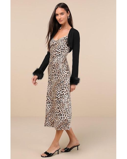Lulus Brown Beyond Confident Leopard Print Satin Slip Dress And Shrug Set