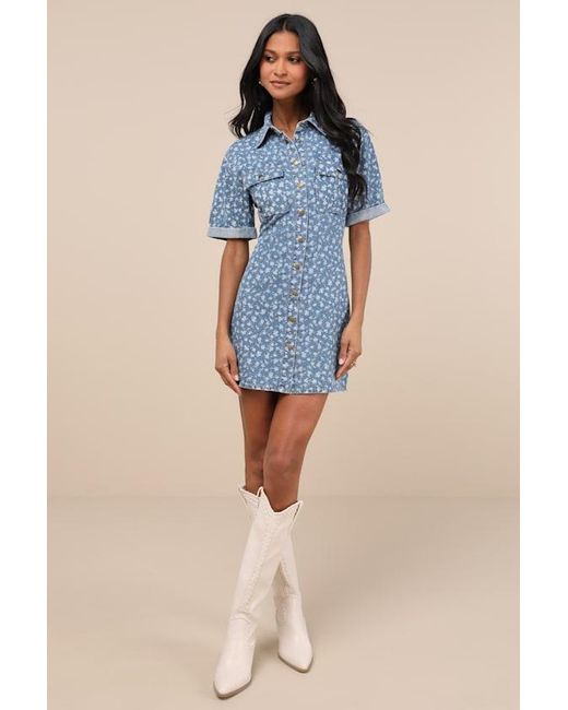 Lulus Blue Renske Light Wash Denim Floral Button-Front Mini Dress