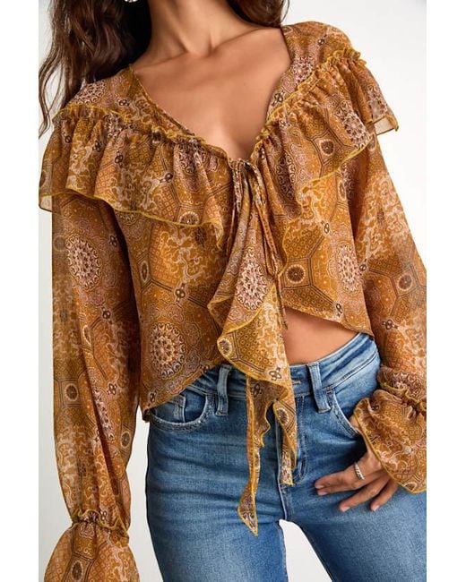 Lulus Orange Azlynn Boho Print Ruffled Tie-Front Top