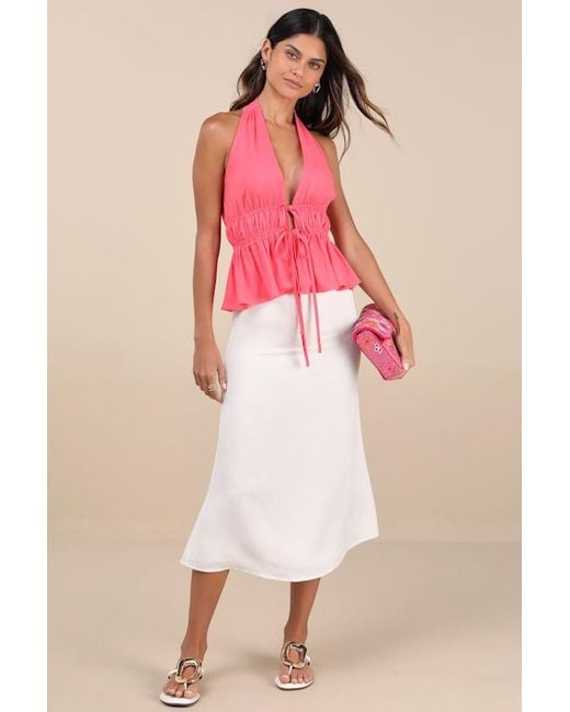 Lulus Pink Adelita Tie-Front Halter Peplum Top