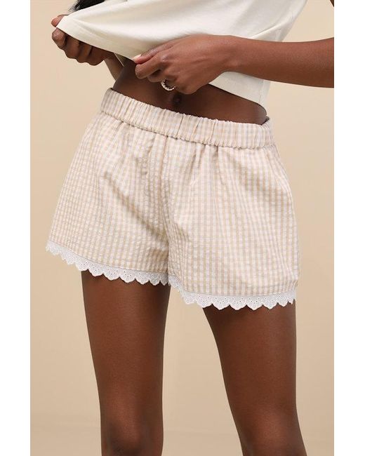 Lulus Natural Marija Gingham Scalloped Shorts