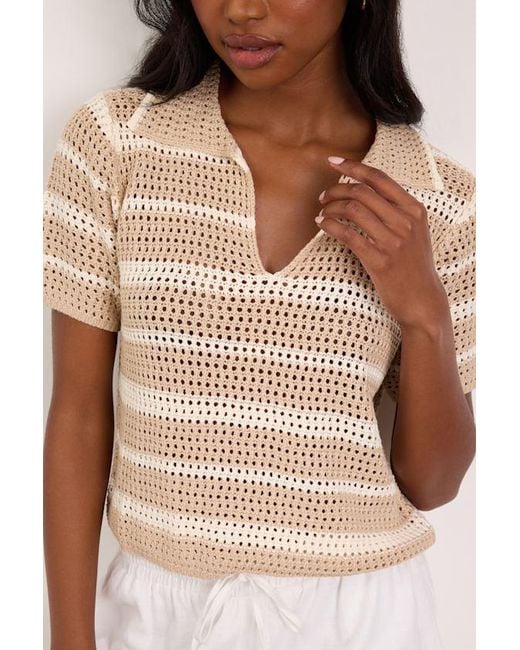 Lulus Natural Bebe Striped Crochet Collared Top
