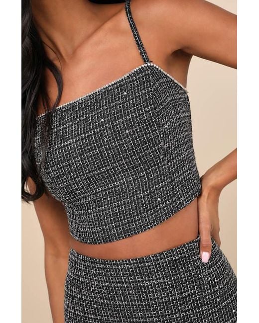 Lulus Blue Charismatically Cute Tweed Rhinestone Sleeveless Crop Top