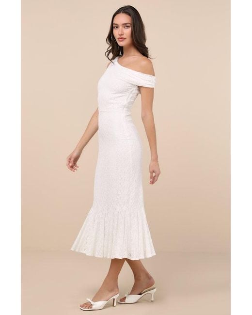 Lulus Natural Nadie Lace Asymmetrical Midi Dress