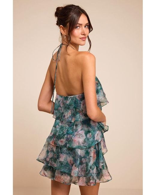 Lulus Blue Melody Multi Floral Tiered Halter Mini Dress