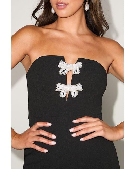 Lulus Black Captivating Figure Pearl Beaded Bow Strapless Mini Dress