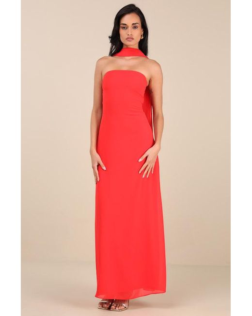 Lulus Red Rawya Strapless Maxi Dress And Scarf Set