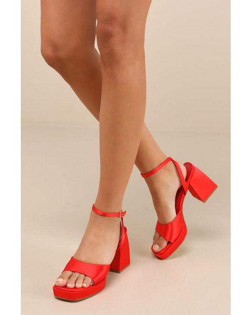 Lulus Red Shirine Satin Platform Ankle Strap Heels