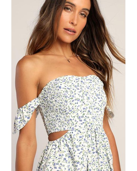 Lulus White Easy On The Eyes Floral Print Off-The-Shoulder Maxi Dress