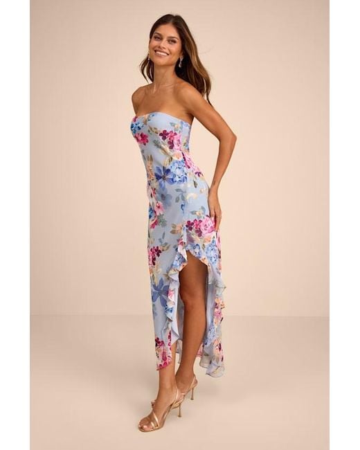Lulus Blue Melissa Multi Floral Ruffled Midi Dress