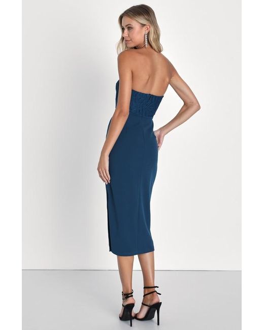 Lulus Blue Passionate Aura Textured Strapless Bustier Midi Dress