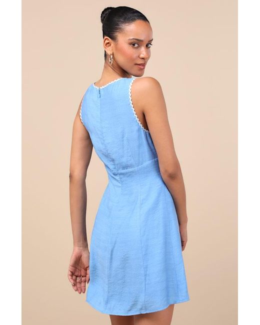 Lulus Blue Arelie Rickrack Sleeveless Mini Dress
