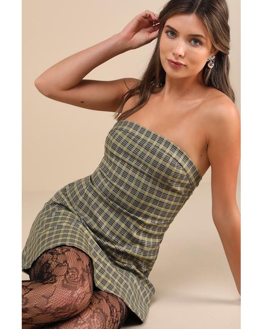 Motel Yellow Hadia Plaid Strapless Drop Waist Mini Dress
