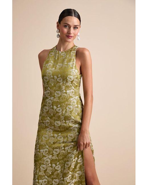 Lulus Natural Lamila Chartreuse Floral Satin Column Maxi Dress
