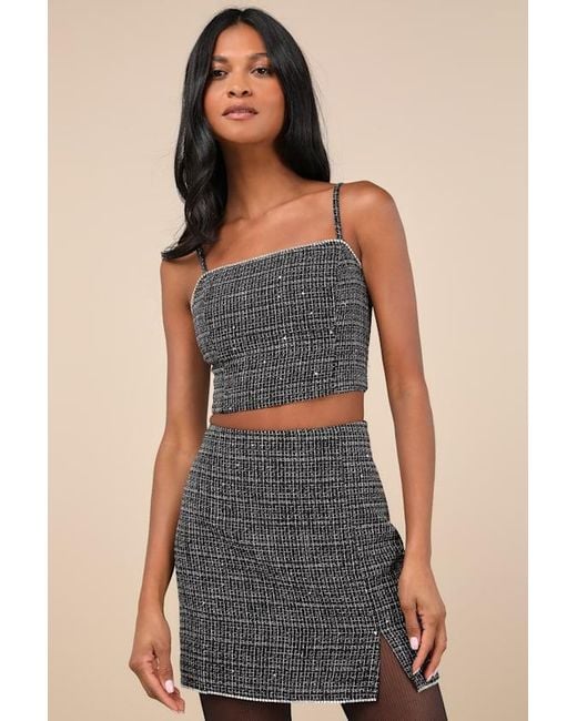 Lulus Blue Charismatically Cute Tweed Rhinestone Sleeveless Crop Top